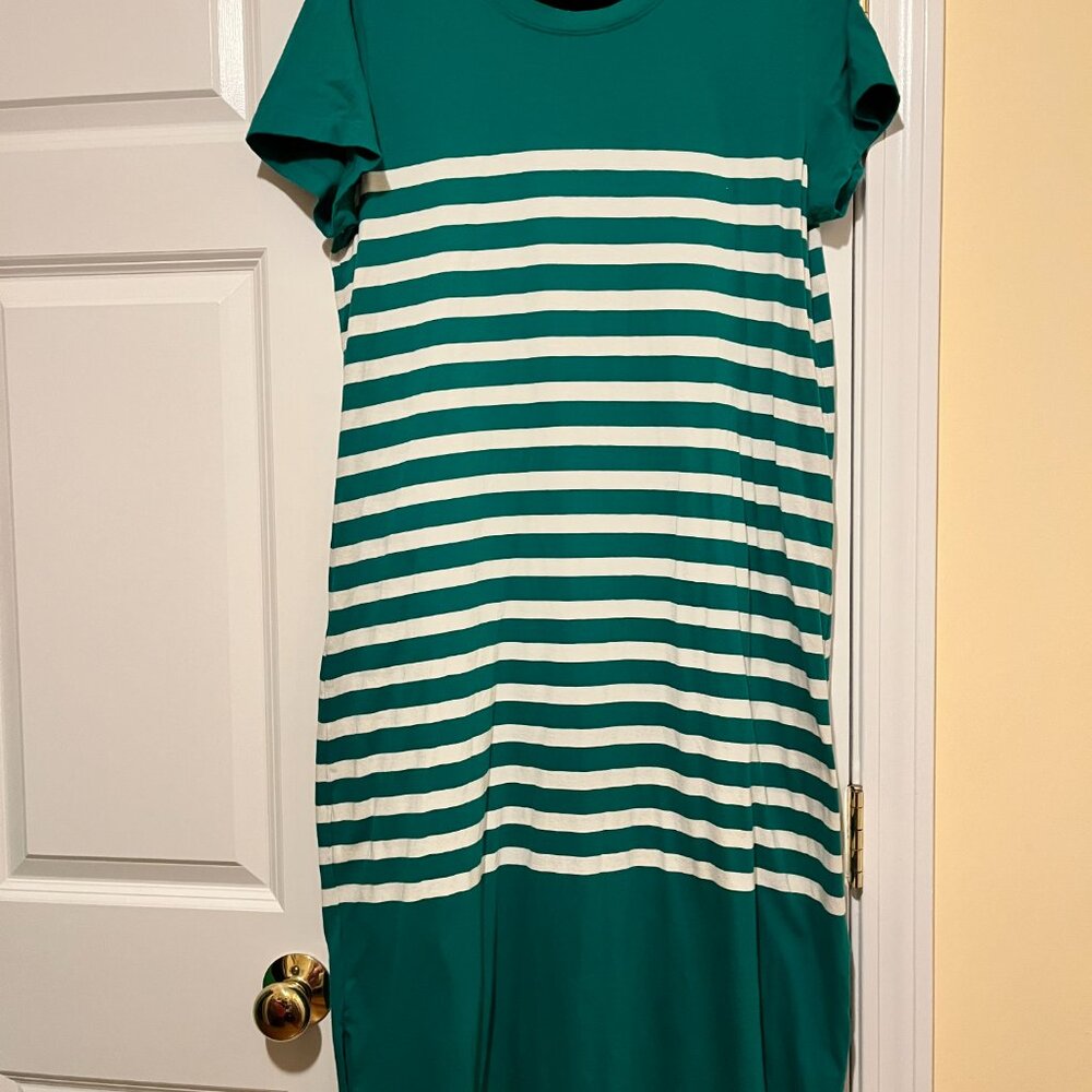 J Crew Green White Striped Cotton Midi Dress side slits